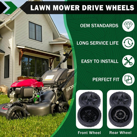 4 Pack 8 Inch Lawn Mower Wheel Kit For Honda HRN216 Front And Rear Replacements, two front and rear wheels for mower installation.