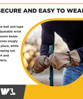 Man wearing Rugged Heavy Duty Leather Work Gloves For Men, Cowhide Protection From Abrasion And Puncture, adjusting fence