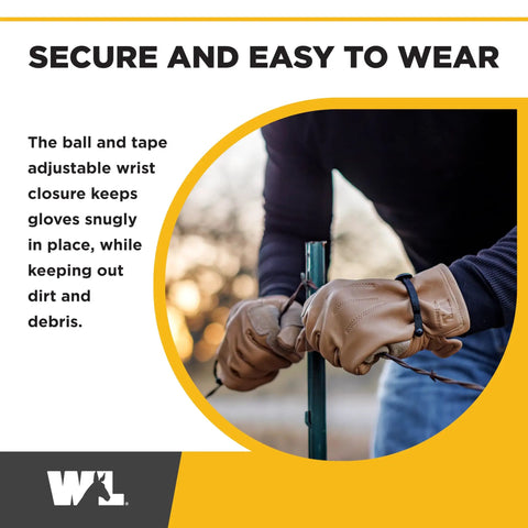 Man wearing Rugged Heavy Duty Leather Work Gloves For Men, Cowhide Protection From Abrasion And Puncture, adjusting fence