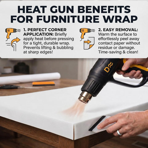 Using heat gun on White Peel And Stick Contact Paper 23.6x196 SelfAdhesive Vinyl Film For Cabinets, Walls, Old Furniture