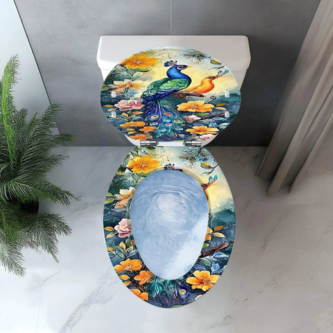 Elongated Toilet Seat Resin for Bathroom with peacock design and floral pattern, suitable for standard toilets.