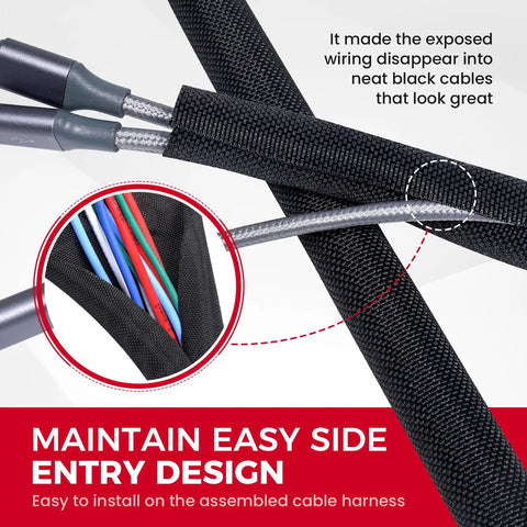 Split Wire Loom Braided Mesh Cable Sleeve For Wires And Cables DIY Friendly Easy Side Entry shown with cables inserted