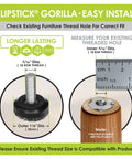 Diagram of furniture levelers with 5/16-18 BSW thread showing measurements, part of Eight Pack Outdoor Adjustable Furniture Levelers Berber Glide Feet For Chairs Tables And Patio Sets Weatherproof Screw In Feet With One And One Eighth Inch Size And Five Sixteenths By Eighteen BSW Thread.