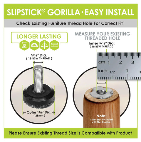 Diagram of furniture levelers with 5/16-18 BSW thread showing measurements, part of Eight Pack Outdoor Adjustable Furniture Levelers Berber Glide Feet For Chairs Tables And Patio Sets Weatherproof Screw In Feet With One And One Eighth Inch Size And Five Sixteenths By Eighteen BSW Thread.