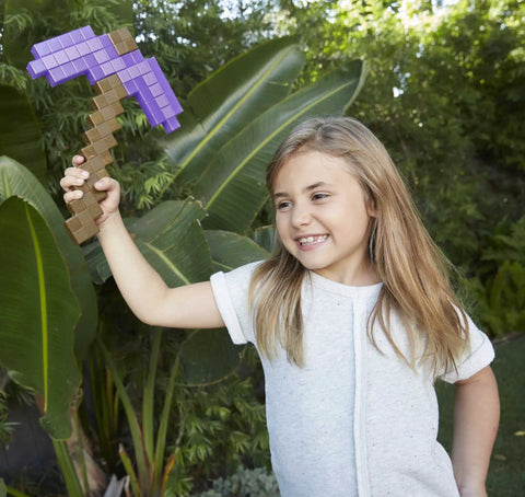 Child holding Blocky Role Play Gear Pack For Young Gamers Child Sized Diamond Sword Or Enchanted Pickaxe Pixelated Collectibles