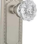 Egg And Dart Door Plate With Crystal Glass Knob Privacy Lock, 2.375 Backset, Satin Nickel Finish, Vintage Vibe Door Hardware For Classic Or Modern Homes