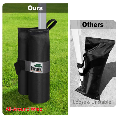 Comparison of 4 Pack 150 Pound Universal Canopy Weight Bags with all-around wrap vs. loose generic sandbags
