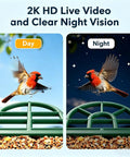 Day and night view of a bird feeder with 2K live feed and solar power, featuring Smart AI Bird Recognition and 2L seed capacity.