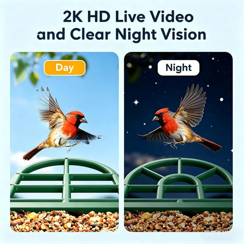 Day and night view of a bird feeder with 2K live feed and solar power, featuring Smart AI Bird Recognition and 2L seed capacity.