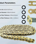 525 XRing Motorcycle Chain 110 Links with master link gold finish, product parameters listed, includes quad riveted pins