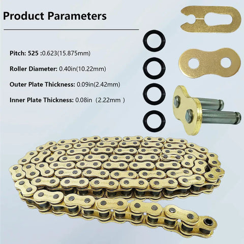 525 XRing Motorcycle Chain 110 Links with master link gold finish, product parameters listed, includes quad riveted pins