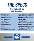 Specification sheet for Blower Motor 1/2 HP 1 Phase 3 Speed 120V 1075 RPM Direct Drive Sleeve Bearing 48 Frame for HVAC