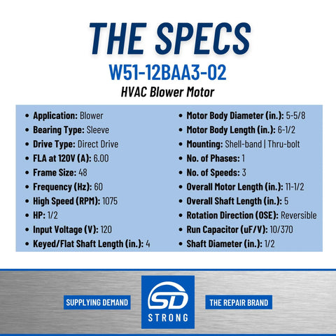 Specification sheet for Blower Motor 1/2 HP 1 Phase 3 Speed 120V 1075 RPM Direct Drive Sleeve Bearing 48 Frame for HVAC