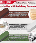 Brown, white, and green polishing compounds from the 72 Piece Buffing Wheel Polishing Kit for Rotary Tools 1 Eighth Inch Shank Includes Wool Felt Cotton Mounted Wheels Pro Grade Abrasive Compounds And Wire Buffs for Metal Jewelry And Auto Detailing, different types with uses.
