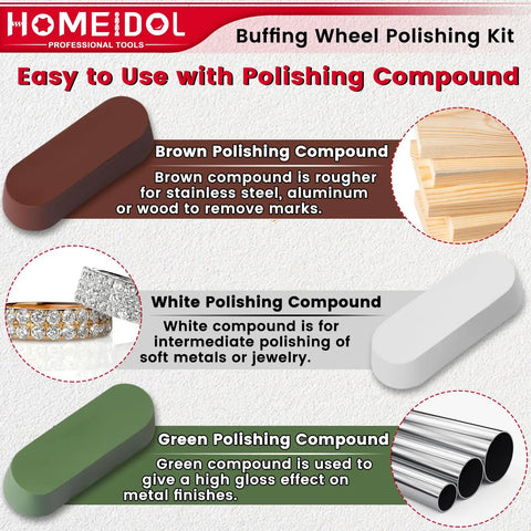 Brown, white, and green polishing compounds from the 72 Piece Buffing Wheel Polishing Kit for Rotary Tools 1 Eighth Inch Shank Includes Wool Felt Cotton Mounted Wheels Pro Grade Abrasive Compounds And Wire Buffs for Metal Jewelry And Auto Detailing, different types with uses.