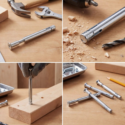 50 Pack Heavy Duty 3/8 X 4 Inch Flat Head Sleeve Anchors For Flush Mounting Sliding Tracks Sills And Frames In Concrete With Smooth Finish laid out with tools and wood
