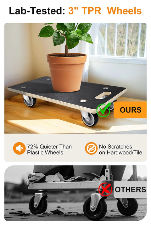 Total 1100 Pound Capacity Heavy Duty Moving Dollies Two Pack With 3 Inch TPR Silent Wheels holding plant indoors