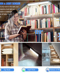 Rechargeable 90 LED Closet Lights With Motion Sensor And Remote Wireless Under Cabinet Night Lights Battery Powered Lighting For Cabinets And Wardrobes 3 Pack showcased with motion detection feature near a bookshelf and steps