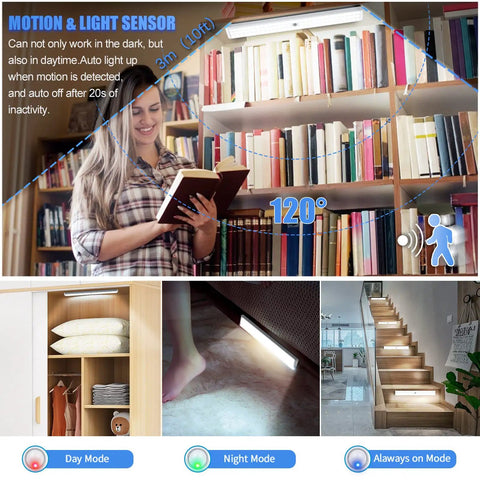 Rechargeable 90 LED Closet Lights With Motion Sensor And Remote Wireless Under Cabinet Night Lights Battery Powered Lighting For Cabinets And Wardrobes 3 Pack showcased with motion detection feature near a bookshelf and steps