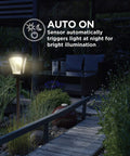 Sun Powered Outdoor Solar Lamp Post Light 65 Inch Tall Black Garden Decor With Warm LED lighting up a yard path at night