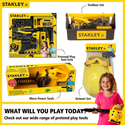 Kids play tool sets with Stanley Jr. branding, including a toolbox, helmet set, and power tools, promoting imaginative play.