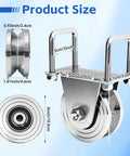 Illustration of 2 Pack 4 Inch V Groove Gate Wheel Kit dimensions with bolt-on mounting brackets and dual sealed bearings.
