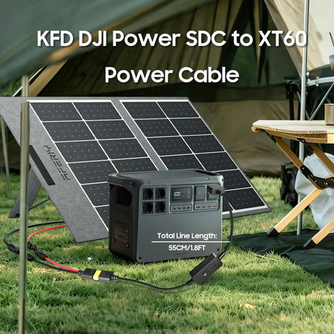 DJI Power SDC To XT60 Cable For 12V DC Output Rugged XT60 Lead in outdoor setup with solar panel and generator