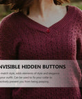 20 Piece Set Of Hidden Clothes Buttons With Resin Cherry Safety Brooch Closures For Shirts Pants And Hats Fashion Collar Pins To Level Up Your Daily Threads And Secure Any Fit Snag Them Up Today worn on a woman's sweater with a cherry hidden button.