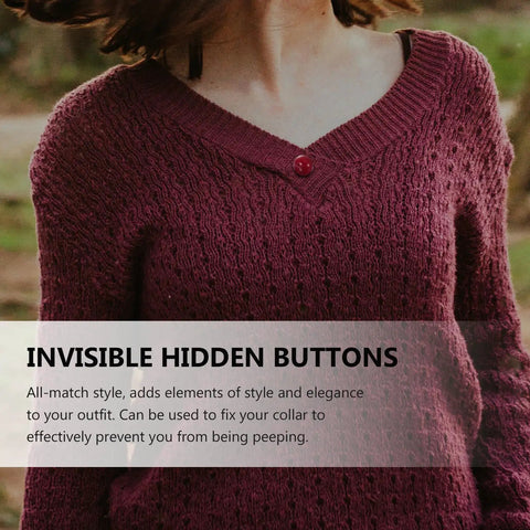 20 Piece Set Of Hidden Clothes Buttons With Resin Cherry Safety Brooch Closures For Shirts Pants And Hats Fashion Collar Pins To Level Up Your Daily Threads And Secure Any Fit Snag Them Up Today worn on a woman's sweater with a cherry hidden button.