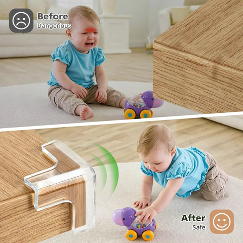 Tough As Nails Table Corner Guards 8 Pack Giant T Shaped Corner Protectors For Baby on furniture with child playing safely.