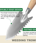 11.6 Inch Weeding Trowel With Serrated Edge Alloy Steel Blade Garden Shovel featuring double edge design and wooden handle