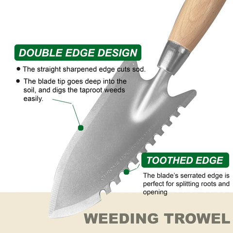 11.6 Inch Weeding Trowel With Serrated Edge Alloy Steel Blade Garden Shovel featuring double edge design and wooden handle