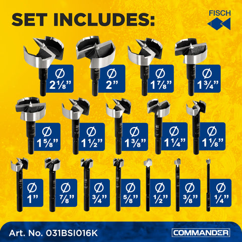 Badass Forstner Bit Set For Woodworking 16 Piece Drill Bit Collection featuring various sizes from 1/4" to 2 1/8".