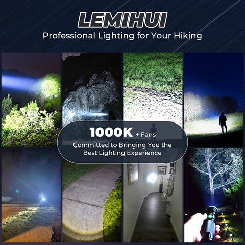 Rechargeable LED Flashlight 80000 Lumens Ultra Bright Handheld Flashlight with 5 Modes IPX6 waterproof in various outdoor settings