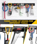 Wall Mount Garage Tool Organizer With 48 Inch Rails And 7 Adjustable Beefy Heavy Duty Hooks Garden Tool Organizer 10 Pack Carries 440 Lbs Heavy Duty Garage Storage Rack For Yard Shed Easy To Install shown with various tools hanging, including shovel and clippers.