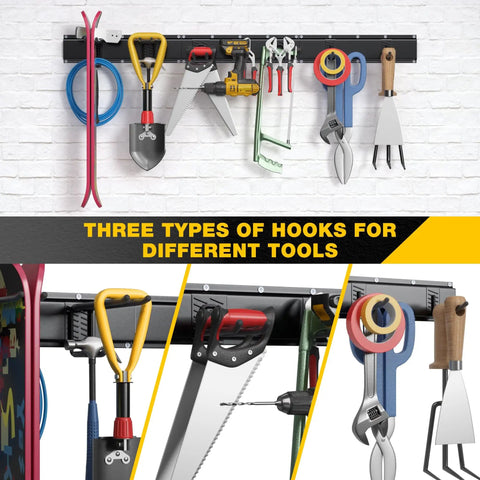 Wall Mount Garage Tool Organizer With 48 Inch Rails And 7 Adjustable Beefy Heavy Duty Hooks Garden Tool Organizer 10 Pack Carries 440 Lbs Heavy Duty Garage Storage Rack For Yard Shed Easy To Install shown with various tools hanging, including shovel and clippers.