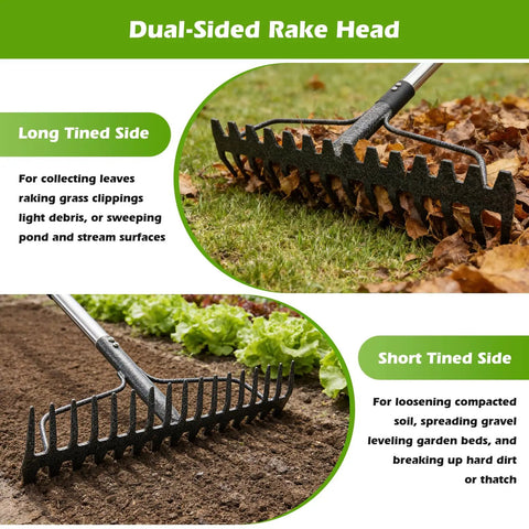 Dual-sided heavy duty 63 inch bow rake with 17 tines showcasing long and short tined sides for lawn and soil tasks.