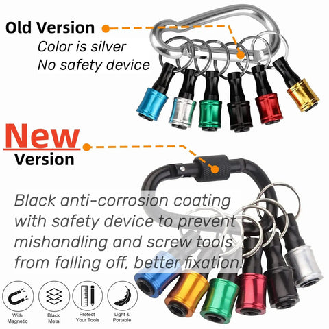 New and old versions of aluminum alloy quarter inch hex shank screwdriver bits holder extension bar for drill and nut driver portable keychain.
