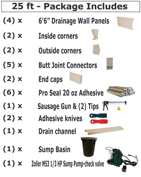 25 Ft Interior Waterproofing Drain Tile System For Damp Basements With Heavy Duty Sump Pump, Baseboard Channel Gutter, Concrete Adhesive And Tools. Includes drainage wall panels and sump basin components.