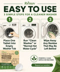 Illustration of washing machine steps using Heavy Duty Washing Machine Cleaner and Descaler Tablets with Deodorizer, Extra Large 40 Gram Tabs.
