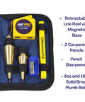 Pro Grade Plumb Bob Kit With 16 Oz And 8 Oz Brass Plumbs, 14 Ft Retractable Line Reel Magnetic Base, 2 Pencils, Sharpener, Case