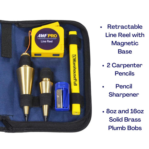 Pro Grade Plumb Bob Kit With 16 Oz And 8 Oz Brass Plumbs, 14 Ft Retractable Line Reel Magnetic Base, 2 Pencils, Sharpener, Case