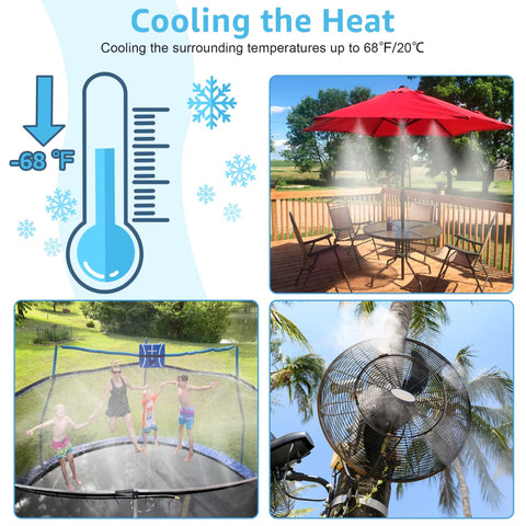 Outdoor Patio Misting System Kit For Cooling, 75 Feet With 28 Brass Nozzles And Three Quarter Inch Adapter in use on patio and trampoline