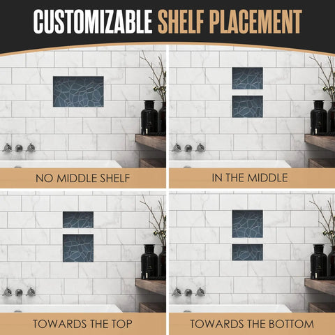 Tile Ready Shower Niche Insert For Recessed Bathroom Storage Built In Wall Cubby With No Fuss Install And Easy Tile Ready Caddy Shelves 12 By 20 Inches And 13 By 21 Inches Prefab Box showing customizable shelf placements.