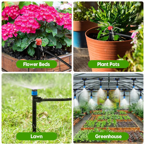 Collage showing Two Hundred Forty Foot Drip Irrigation Kit With No Hassle Quick Connect Fittings in flower beds, plant pots, lawn, greenhouse.