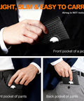 Man holding Ultra Slim RFID Blocking Bifold Wallet For Men With Carbon Fiber Look in front jacket pocket and pant pockets.