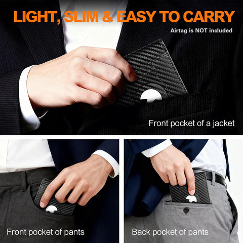 Man holding Ultra Slim RFID Blocking Bifold Wallet For Men With Carbon Fiber Look in front jacket pocket and pant pockets.