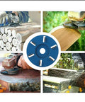 Heavy Duty Six Tooth Wood Carving Disc For Angle Grinder, blue alloy blade shown in use for stump removal and wood shaping.