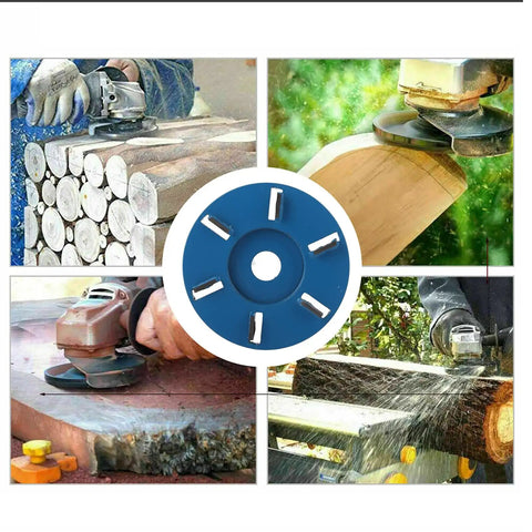 Heavy Duty Six Tooth Wood Carving Disc For Angle Grinder, blue alloy blade shown in use for stump removal and wood shaping.