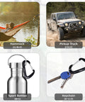 Grid showing a hammock by a lake, a pickup truck on a trail, a carabiner on a sport bottle, and a carabiner with a keychain.